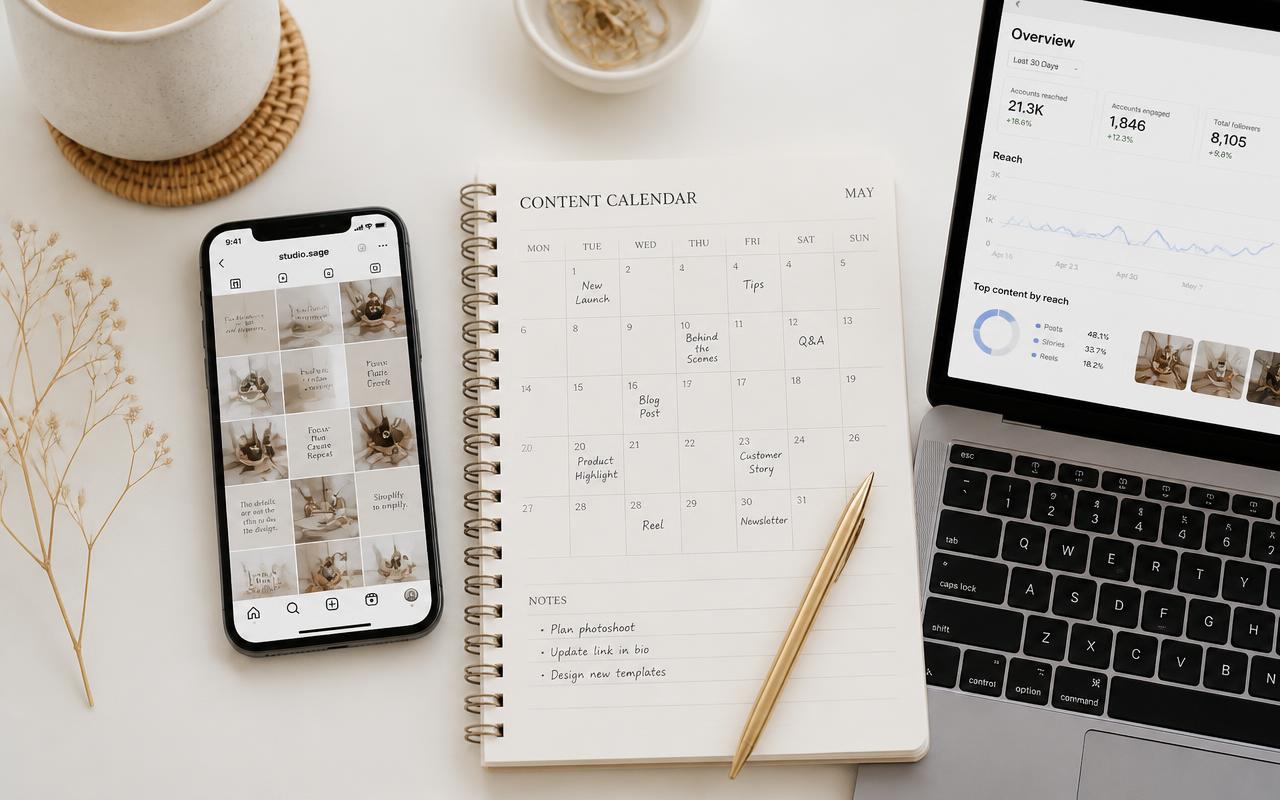 Calendário de conteúdos, feed no telemóvel e métricas