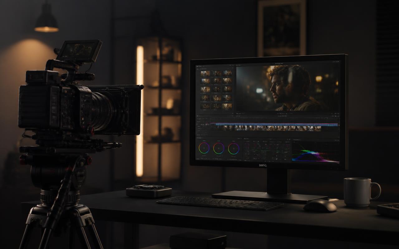 Câmara de cinema e monitor de edição com correção de cor