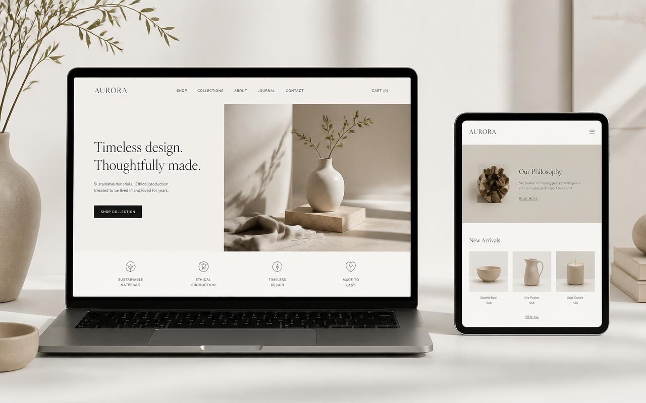 Design de website clean em portátil e tablet